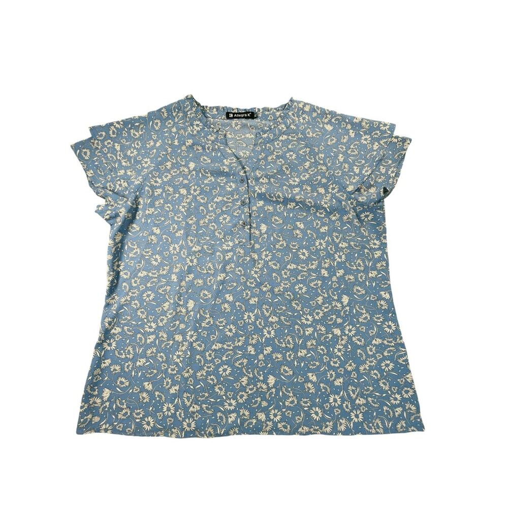 Allegra K Women’s Floral Blouse XL Blue White Daisy Print Short Sleeve Top